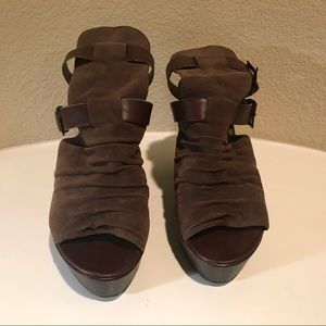 LimeLight Brown Fabric Sandals, 4” Wedge Heels